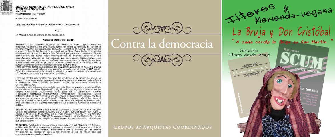 Portada del libreto Contra la democracia y el cartel de La Bruja y Don Cristóbal de Títeres desde abajo | Títeres desde abajo