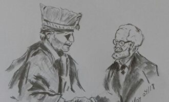 Dibujo de la despedida entre Millán Astray y Unamuno. | Moisés Domínguez