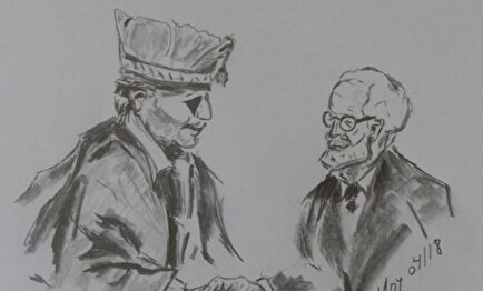 Dibujo de la despedida entre Millán Astray y Unamuno. | Moisés Domínguez