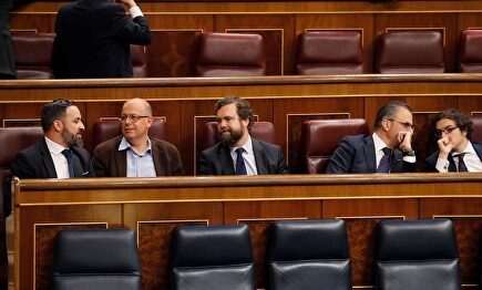 Santiago Abascal, junto a algunos de los diputados de VOX, en el Congreso de los Diputados. | EFE