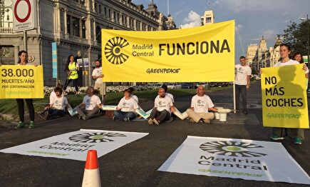 Los activistas de Greenpeace, este lunes, en la calle Alcalá | Twitter: Greenpeace Madrid