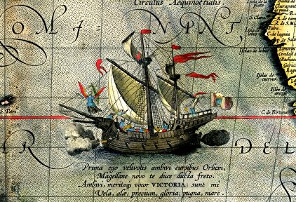 La nao Victoria en un mapa de Abraham Ortelius de 1589. | Wikipedia