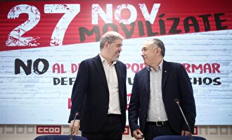 El secretario general de CC.OO, Unai Sordo y el de UGT, Pepe Álvarez en rueda de prensa. | Europa Press