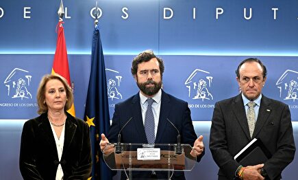 Iván Espinosa, Lourdes Méndez y Luis Gestoso hoy en rueda de prensa desde el Congreso | EFE