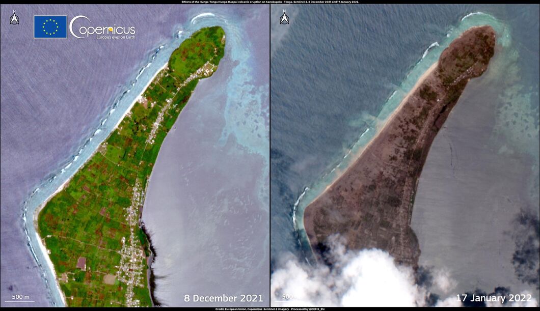 Antes y después de la erupción explosiva del volcán de Tonga Libertad