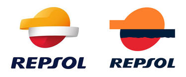 El nuevo logo de Repsol, presentado este martes, junto al antiguo..