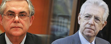 El primer ministro de Grecia, Lucas Papademos (izq.), y de Italia, Mario Monti.