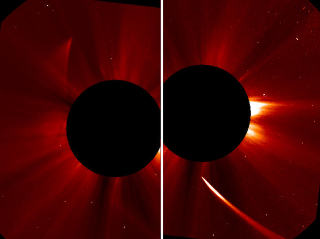 El cometa ISON antes (derecha) y después (izquierda) de su encuentro con el Sol. | NASA
