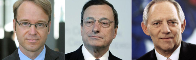 El presidente del Bundesbank, Jens Weidmann, el del BCE, Mario Draghi, y el ministro de Finanzas alemn, Wolfgang Schuble.