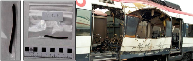 Las muestras que tuvieron que analizar los peritos (izquierda) y el tren explosionado en Santa Eugenia (derecha). 