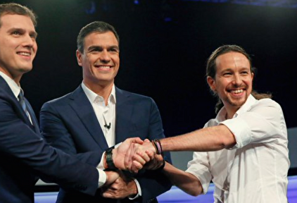 Rivera, Sánchez e Iglesias, durante un debate en 2015. | Efe
