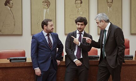 Francisco de la Torre, Toni Roldán y Luis Garicano, durante una reunión en el Congreso. |  EFE