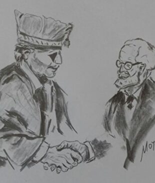 Dibujo de la despedida entre Millán Astray y Unamuno. |  Moisés Domínguez
