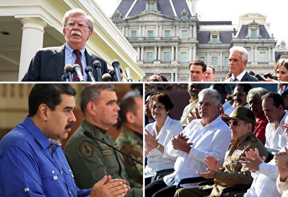 El asesor de seguridad nacional norteamericano John Bolton (arriba). El tirano de Venezuela, Nicolás Maduro y Díaz Canel junto Raúl Castro |  EFE