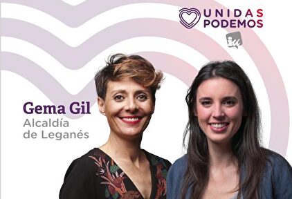 Gema Gil, candidata a alcaldesa de Leganés, junto a Irene Montero en el cartel electoral | Podemos Leganés