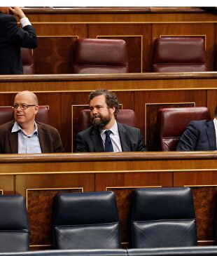 Santiago Abascal, junto a algunos de los diputados de VOX, en el Congreso de los Diputados. |  EFE