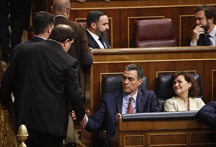 Pedro Sánchez saluda a Junqueras en el Congreso. |  EFE