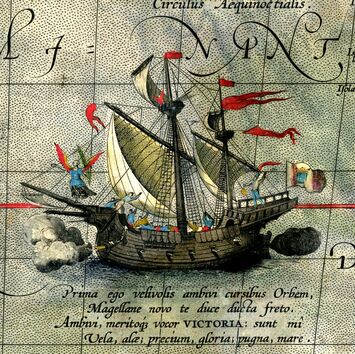 La nao Victoria en un mapa de Abraham Ortelius de 1589. |  Wikipedia