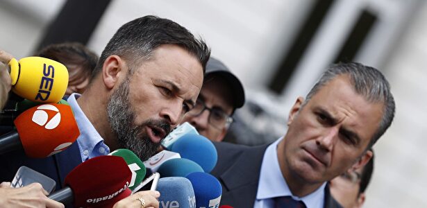 Abascal y Ortega Smith atendiendo a los medios junto al Supremo. |  EFE