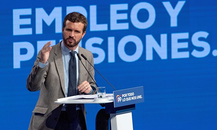 El presidente del Partido Popular, Pablo Casado, durante su intervención este domingo en Toledo. |  EFE