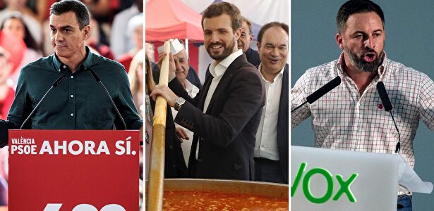Pedro Sánchez, Pablo Casado y Santiago Abascal en sus respectivos actos de campaña de este sábado. |  EFE