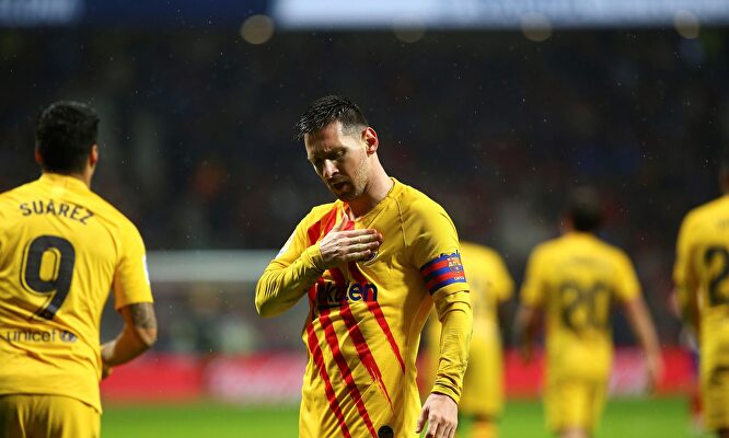 Messi celebra su gol al Atlético de Madrid en el Wanda Metropolitano. |  EFE