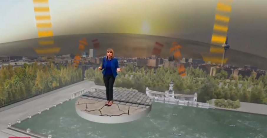 El informativo de la cadena pública predice a través de realidad virtual los efectos devastadores del supuesto cambio climático en la capital.