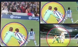 Piqué gana la posición a Llorente con un flagrante agarrón |  Captura de TV