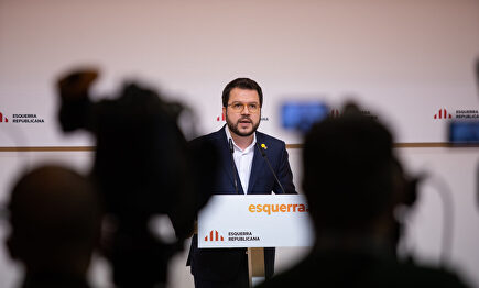 El vicepresidente de la Generalidad y coordinador nacional de ERC, Pere Aragonès, en rueda de prensa. |  Pau Venteo (Europa Press)
