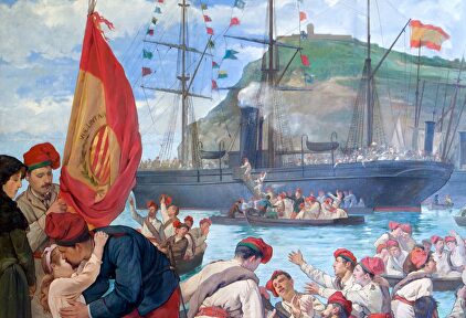 'Embarque de los voluntarios catalanes de la isla de Cuba en el puerto de Barcelona' (1869), de Llorens Masdeu |  Archivo