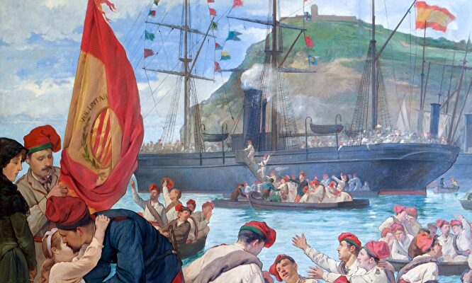 'Embarque de los voluntarios catalanes de la isla de Cuba en el puerto de Barcelona' (1869), de Llorens Masdeu |  Archivo