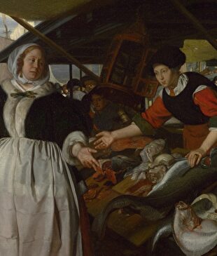 Emanuel de Witte - "Adriana van Heusden y su hija en el mercado de pescado" (h. 1662, óleo sobre lienzo, National Gallery, Londres)