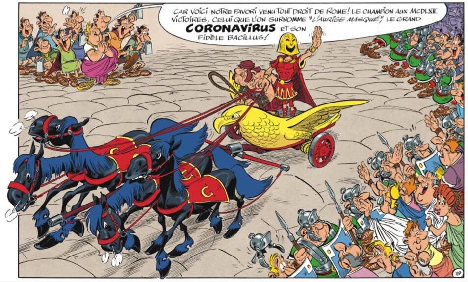 En Astérix en Italia, los famosos galos se enfrentaron a Coronavirus, un romano enmascarado –que resultó ser Julio César–.