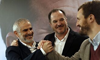 Pablo Casado, Carlos Carrizosa y Carlos Iturgaiz, en un acto de precampaña en Santurce (Vizcaya). |  EFE