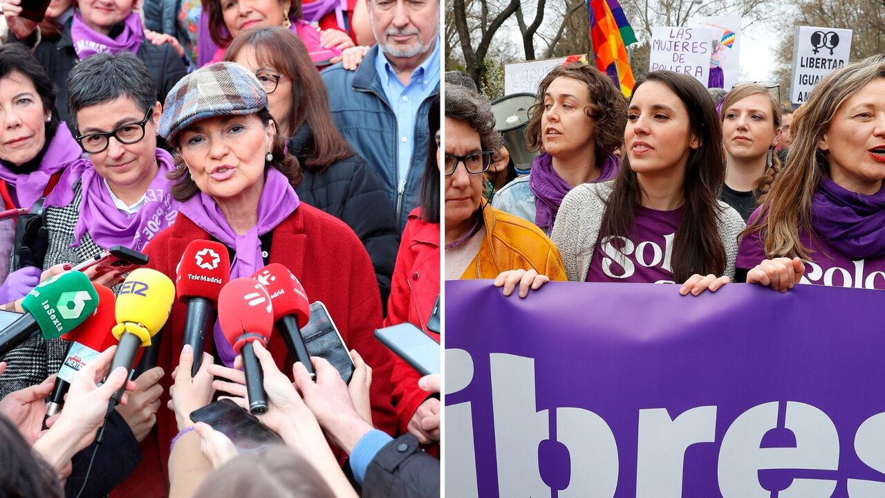 La vicepresidenta Carmen Calvo y la ministra de Igualdad, Irene Montero, en la manifestación del 8M en Madrid. |  EFE