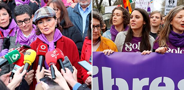 La vicepresidenta Carmen Calvo y la ministra de Igualdad, Irene Montero, en la manifestación del 8M en Madrid. |  EFE
