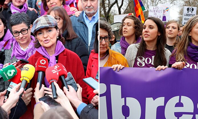 La vicepresidenta Carmen Calvo y la ministra de Igualdad, Irene Montero, en la manifestación del 8M en Madrid. | EFE