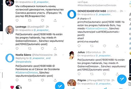 Muestra de alguno de los mensajes tanto de los falsos 'bots' como de los crédulos faros de la verdad y el progreso. | Twitter/LD