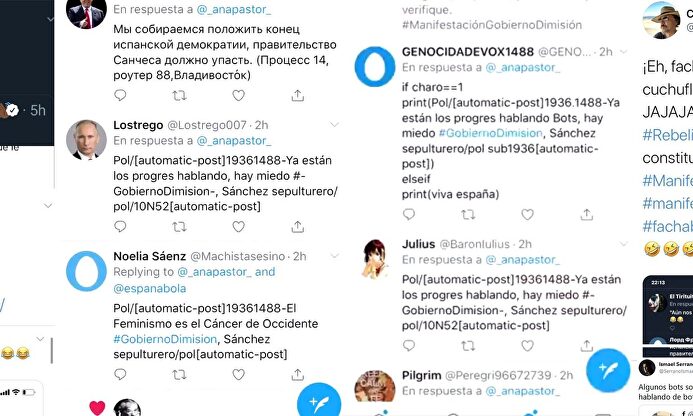 Muestra de alguno de los mensajes tanto de los falsos 'bots' como de los crédulos faros de la verdad y el progreso. | Twitter/LD