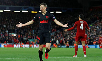 Marcos Llorente celebra uno de sus dos goles en el Liverpool-Atlético de Madrid. | Cordon Press