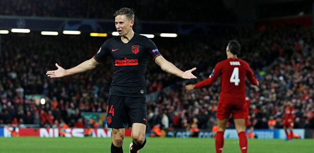 Marcos Llorente celebra uno de sus dos goles en el Liverpool-Atlético de Madrid. | Cordon Press