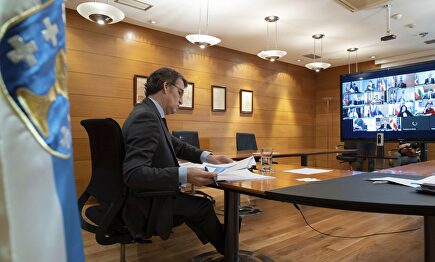 Feijóo en un momento de la videoconferencia de Sánchez con los presidentes autonómicos. | EFE