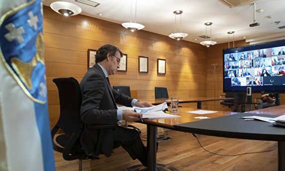 Feijóo en un momento de la videoconferencia de Sánchez con los presidentes autonómicos. | EFE
