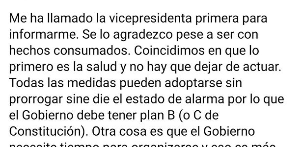Tweet de Feijóo publicado tras conversar con Carmen Calvo | Xunta de Galicia