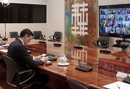 Sánchez en una videoconferencia con los presidentes de las CCAA. | EFE