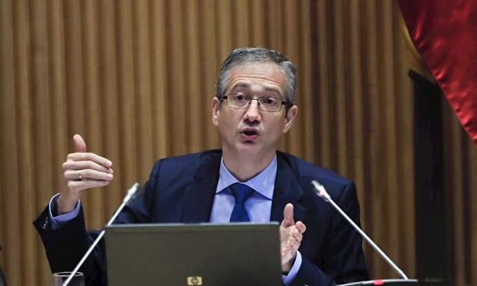 El gobernador del Banco de España, Pablo Hernández de Cos, este martes, en la Comisión de Reconstrucción Social y Económica del Congreso. | EFE