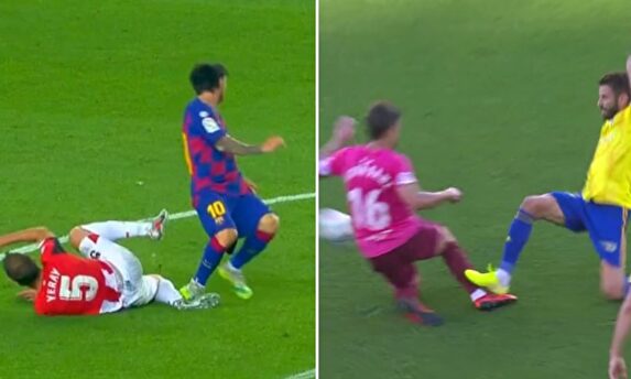 El pisotón de Messi a Yeray y el de José Mari a Aitor Sanz. | LD