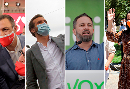 Pedro Sánchez, Pablo Casado, Santiago Abascal e Inés Arrimadas en los actos electorales de este sábado en Galicia. | EFE