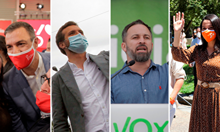 Pedro Sánchez, Pablo Casado, Santiago Abascal e Inés Arrimadas en los actos electorales de este sábado en Galicia. | EFE