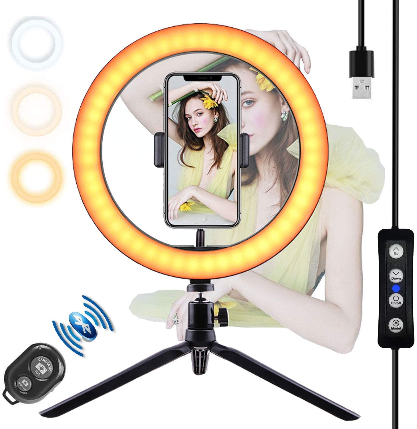 Anillo de luz Regulable para Maquillaje/Live Stream/Selfie/Youtube/Fotografía Compatible coniPhone/Androide Anillo de luz LED de 10  con trípode y Soporte para teléfono Dual Rosado 